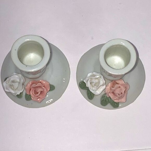Vintage Porcelain Small Candle Stick Holders With Hand Painted Rose Design - Picture 7 of 12